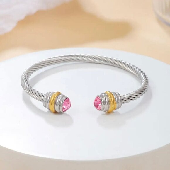 NWT Women’s Two-Tone Wire Cuff Bangle Bracelet With Pink Cubic Zirconia - Picture 1 of 5